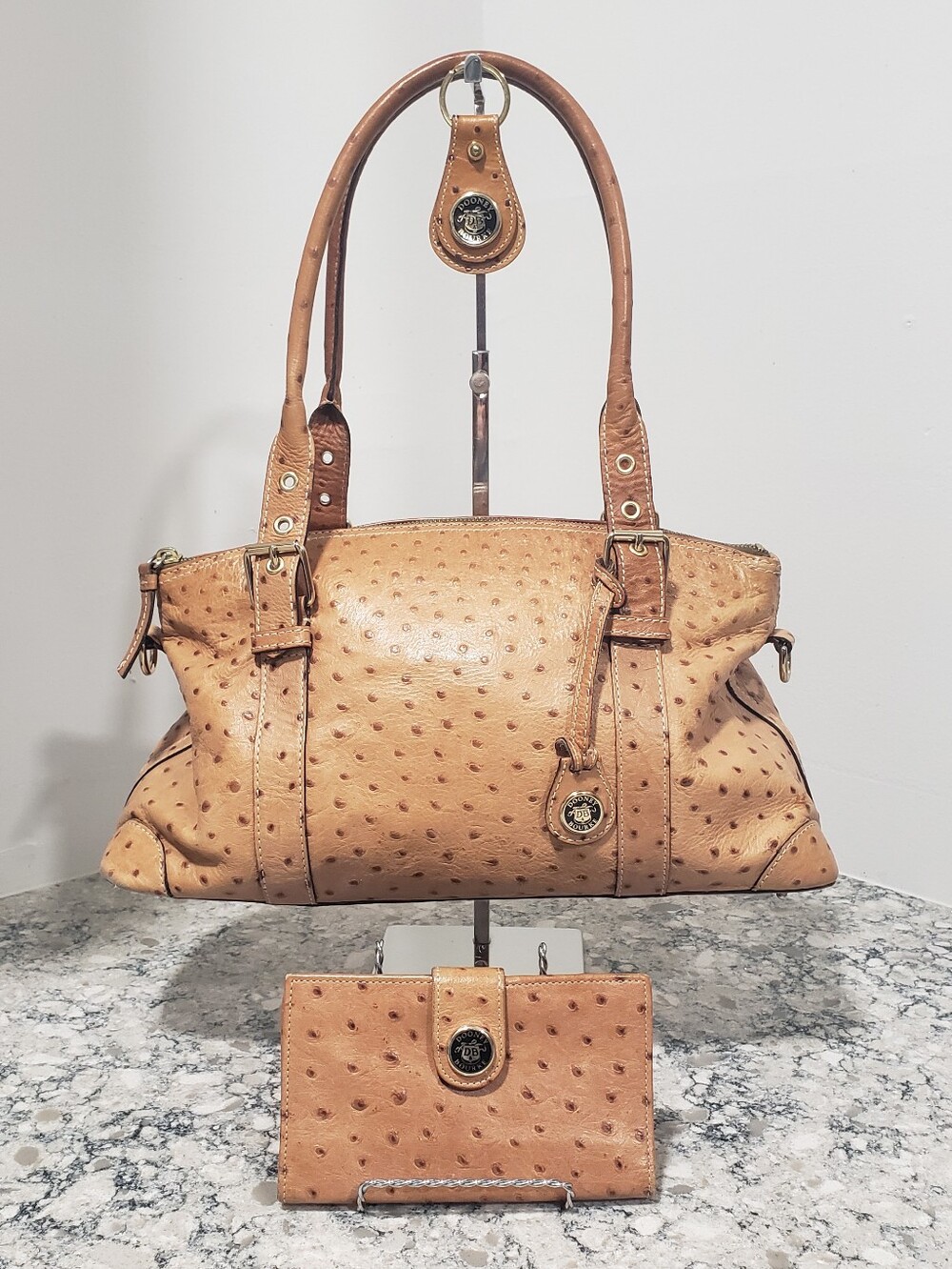 DOONEY & BOURKE Ostrich Embossed Leather Shoulder Satchel Set In Peanut